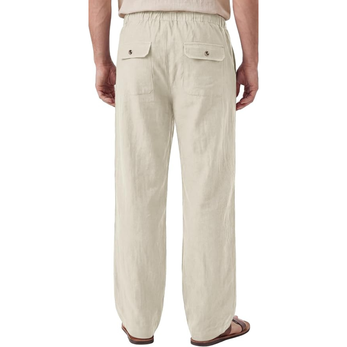Men’s Cotton Linen Trousers, Beige Drawstring Waist Casual Pants