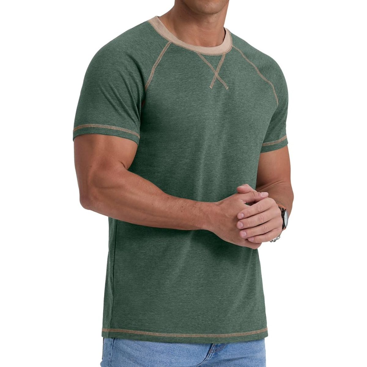 Men’s Cotton Blend T-Shirt, Green Short Sleeve Crew Neck Casual Top