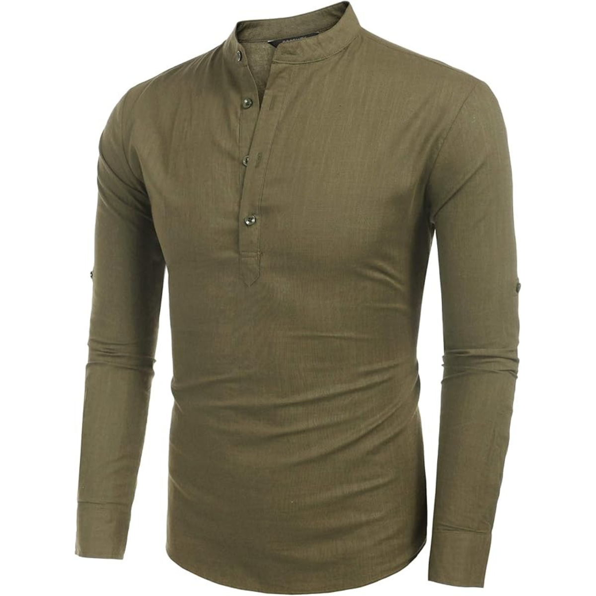 Men’s Cotton Linen Henley Shirt, Army Green Long Sleeve Casual Shirt