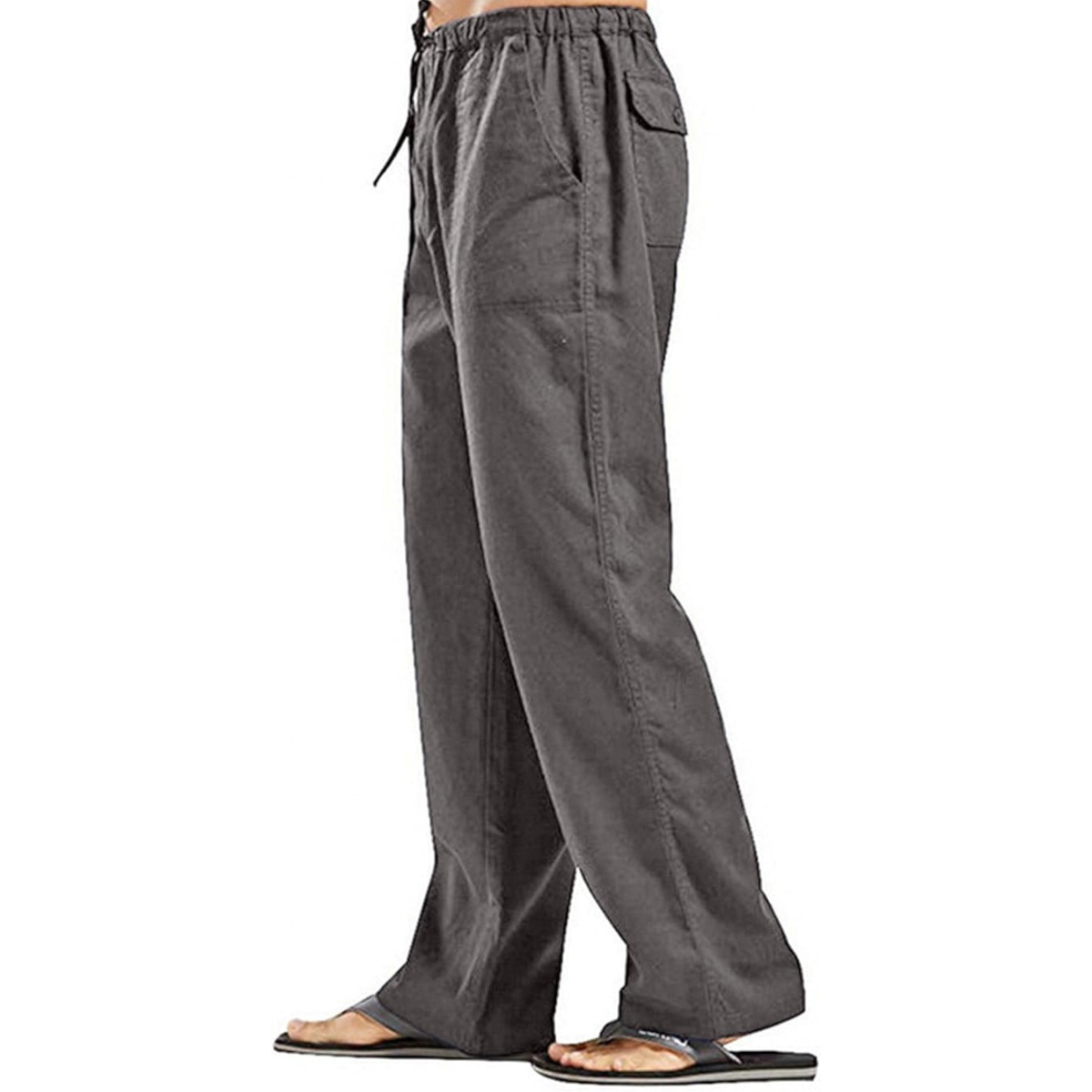 Men’s Cotton Linen Trousers, Dark Grey Drawstring Casual Pants