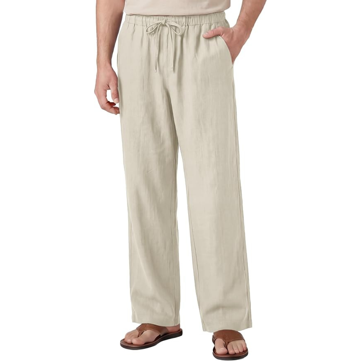 Men’s Cotton Linen Trousers, Beige Drawstring Waist Casual Pants