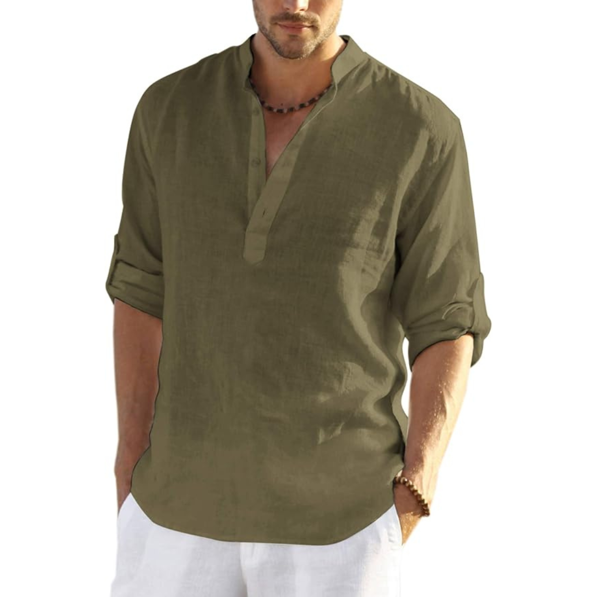 Men’s Cotton Linen Henley Shirt, Army Green Long Sleeve Casual Shirt