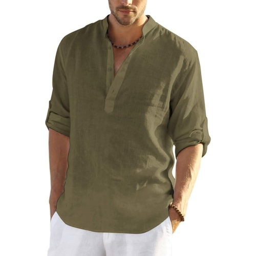 Men’s Cotton Linen Henley Shirt, Army Green Long Sleeve Casual Shirt