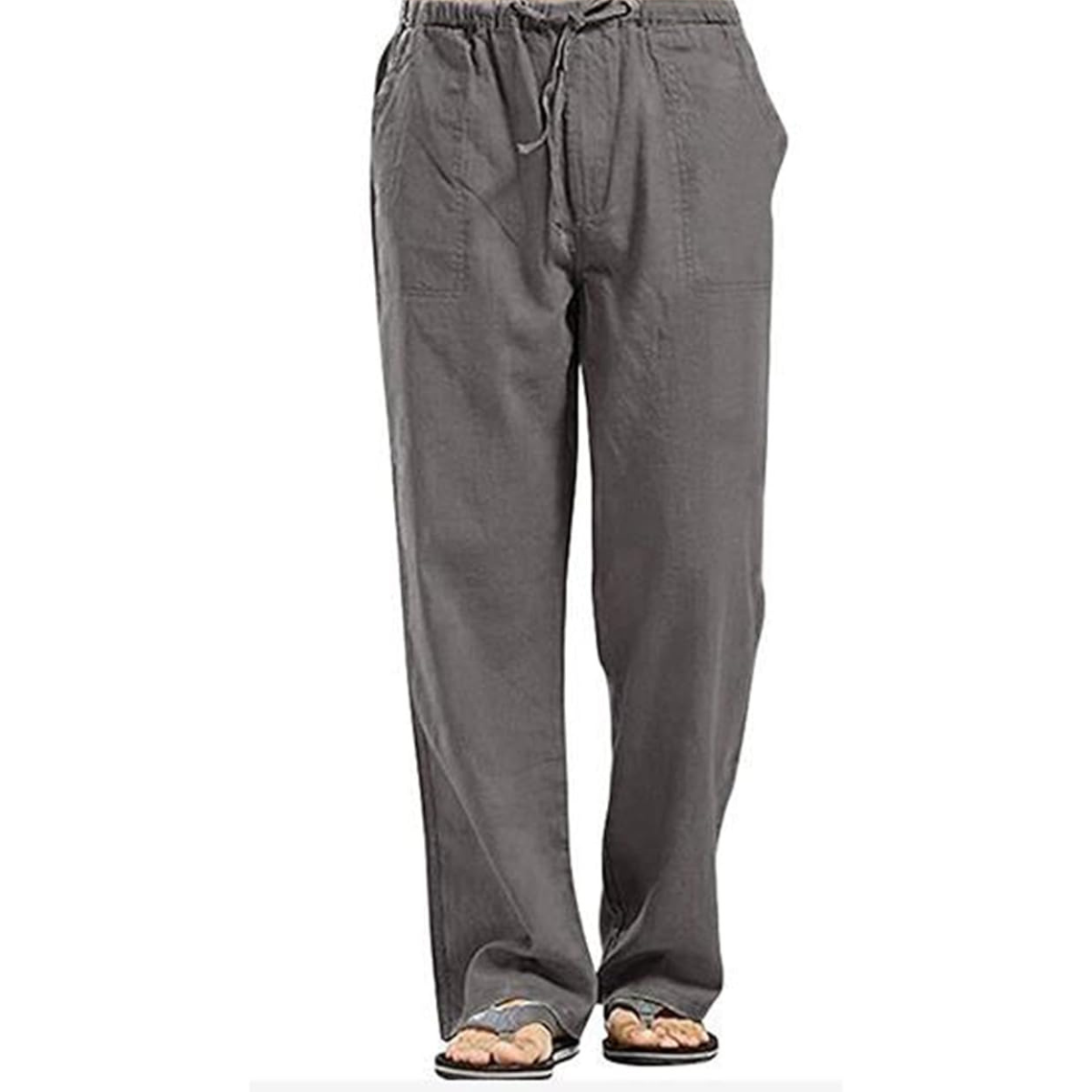 Men’s Cotton Linen Trousers, Dark Grey Drawstring Casual Pants