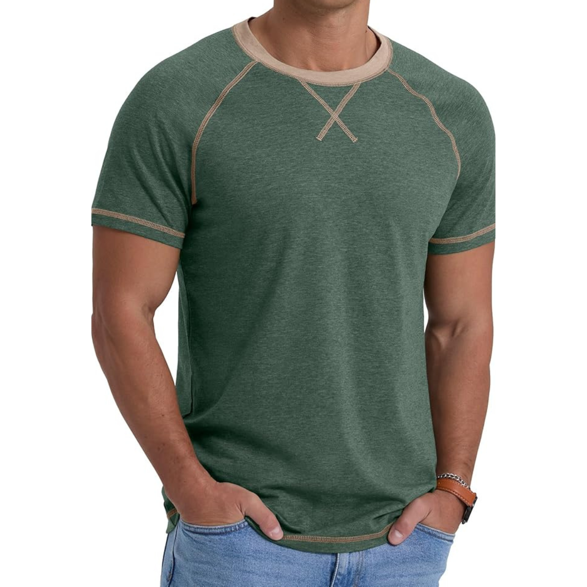 Men’s Cotton Blend T-Shirt, Green Short Sleeve Crew Neck Casual Top
