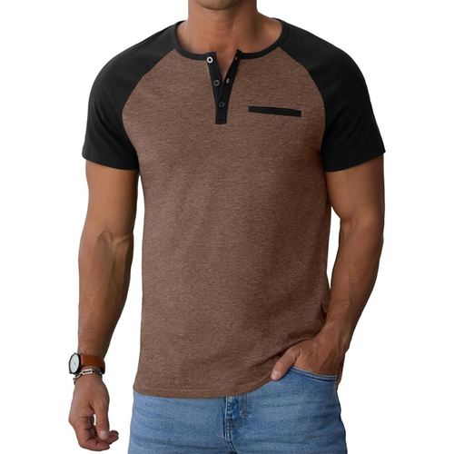 Men’s Cotton Blend Henley T-Shirt, Brown Black Short Sleeve Casual Top