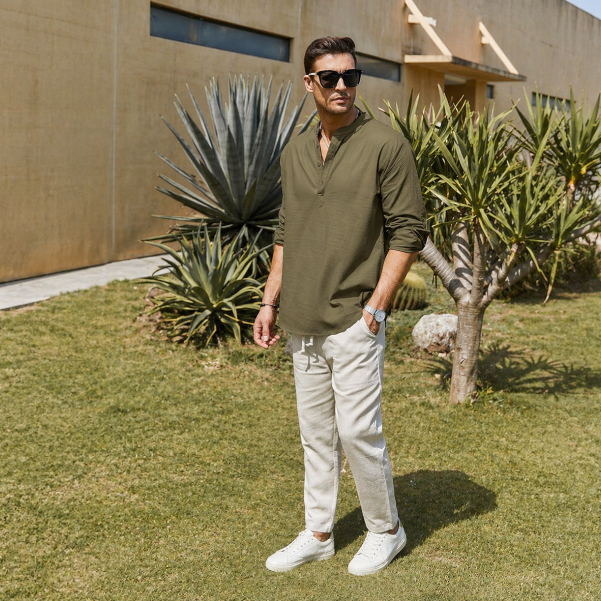 Men’s Cotton Linen Henley Shirt, Army Green Long Sleeve Casual Shirt