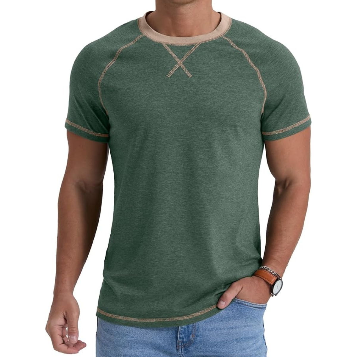 Men’s Cotton Blend T-Shirt, Green Short Sleeve Crew Neck Casual Top