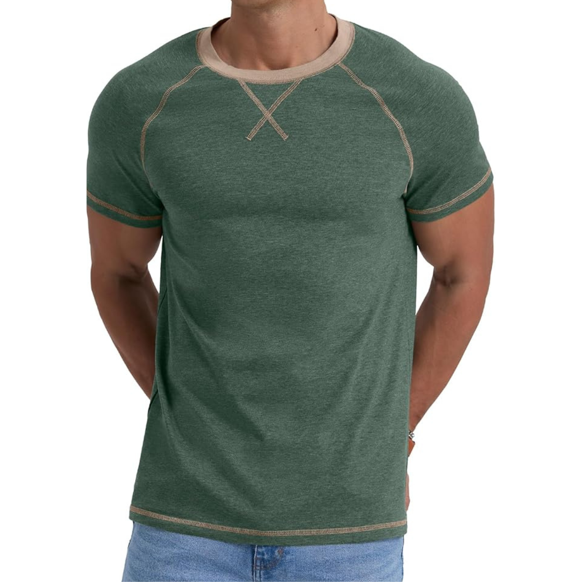 Men’s Cotton Blend T-Shirt, Green Short Sleeve Crew Neck Casual Top