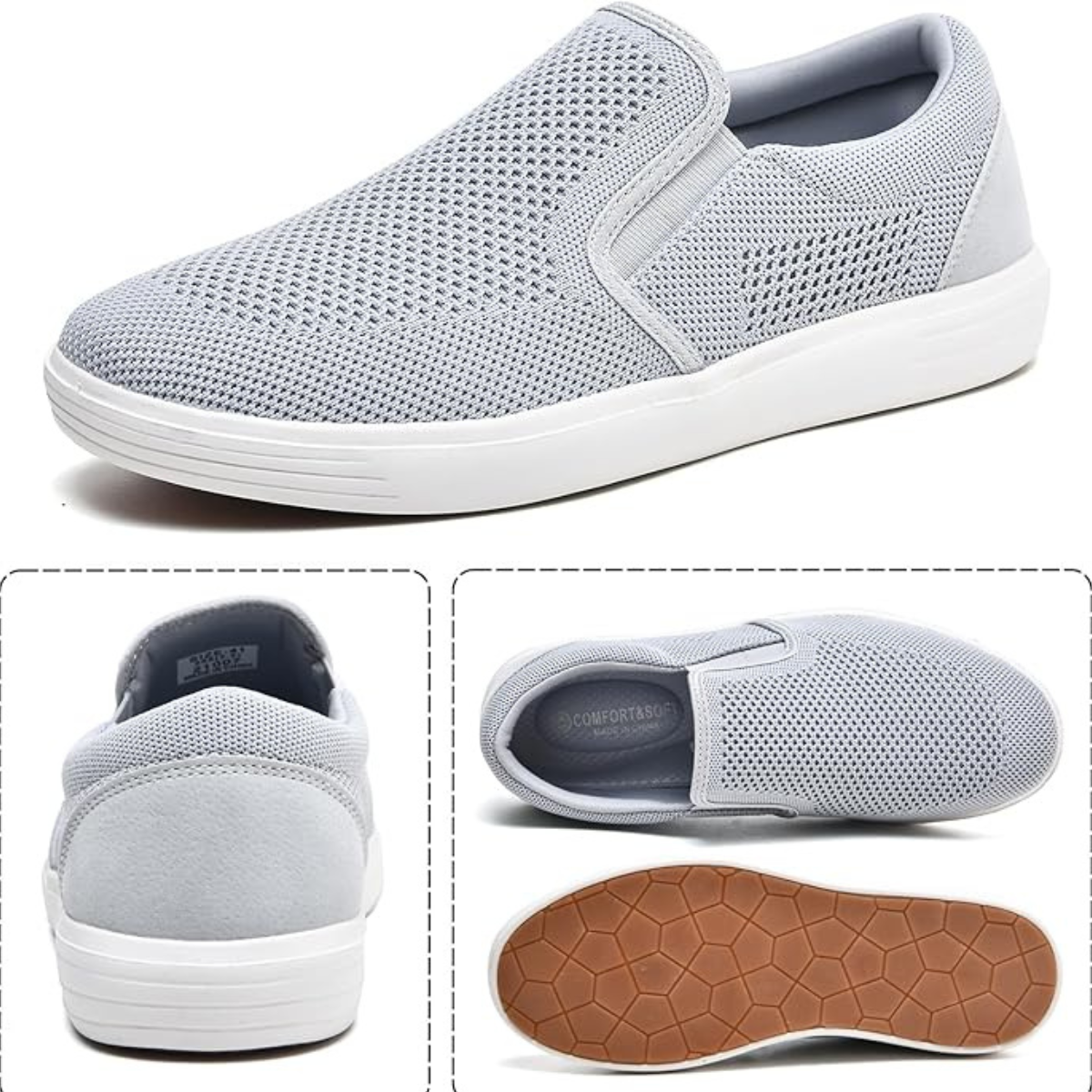 Men’s Light Grey Slip-On Trainers, Casual Mesh Walking Shoes