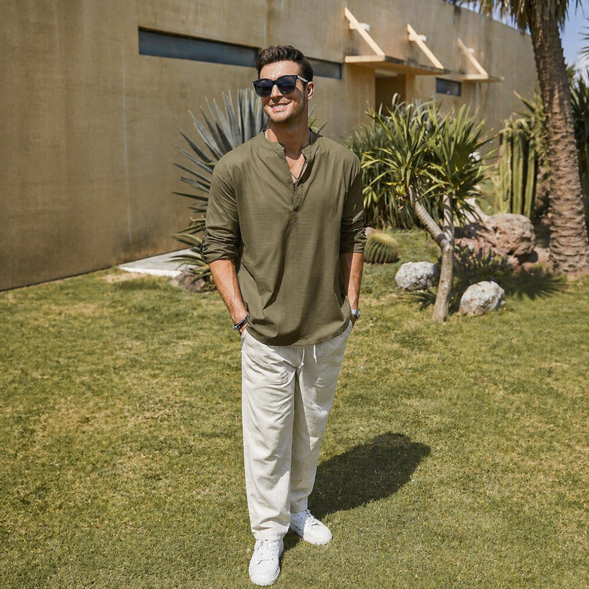 Men’s Cotton Linen Henley Shirt, Army Green Long Sleeve Casual Shirt