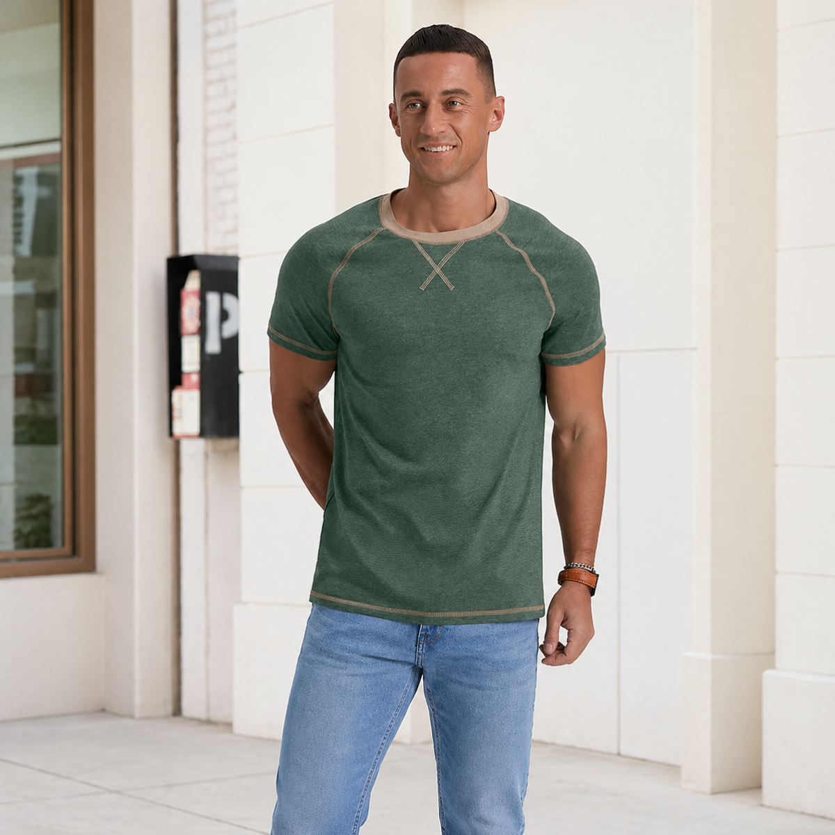 Men’s Cotton Blend T-Shirt, Green Short Sleeve Crew Neck Casual Top